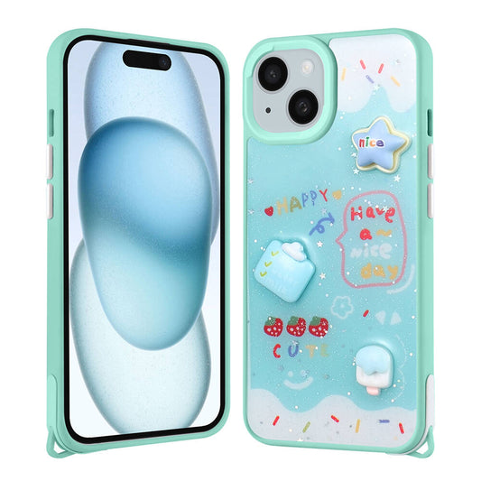 Apple iPhone 14 Kılıf Parlayan Simli Kabartma Figürlü Zore Cevze Kapak Yeşil