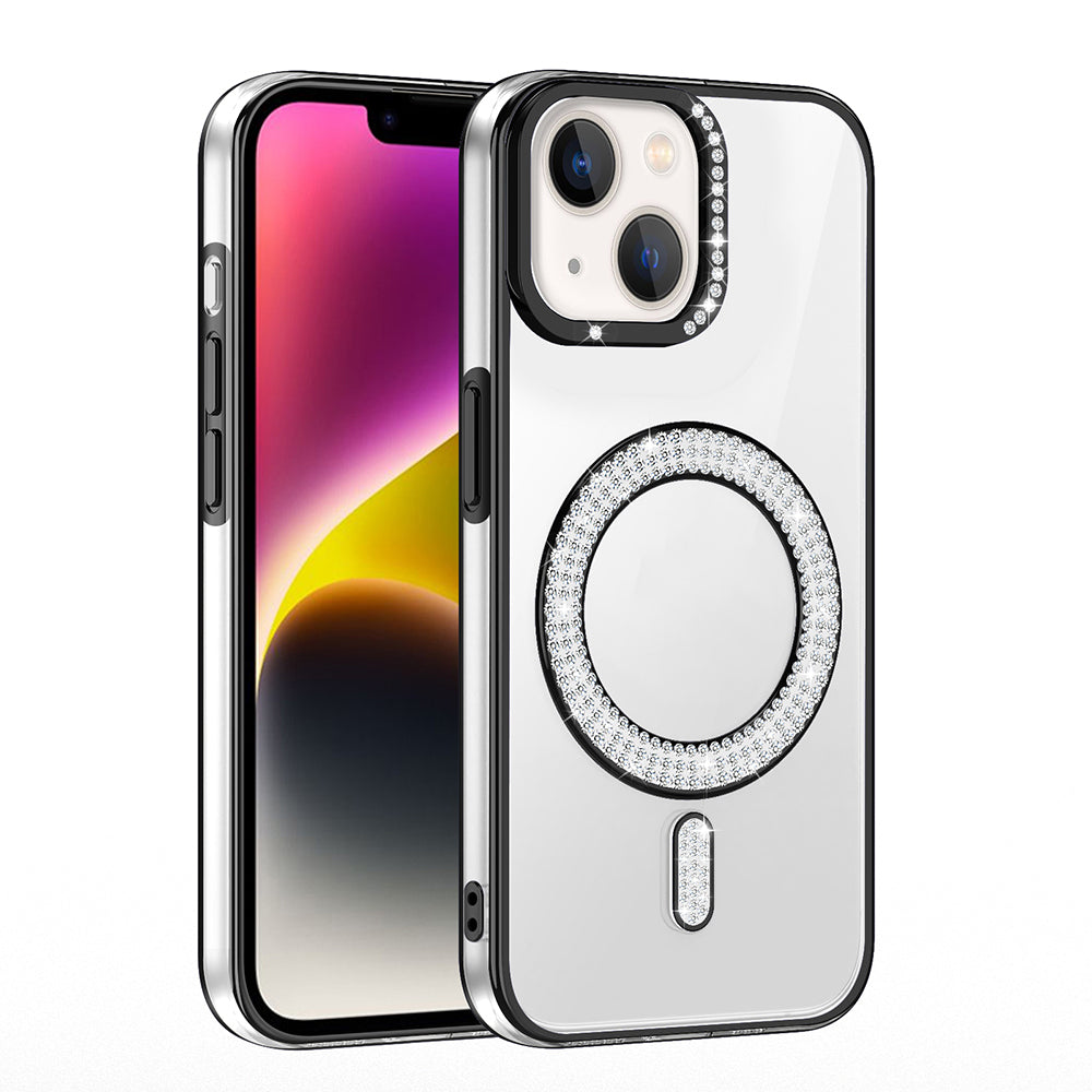 Apple iPhone 14 Kılıf Pırlanta Taş Tasarımlı M-safe Şarj Özellikli Zore Karetta Silikon Kapak Siyah