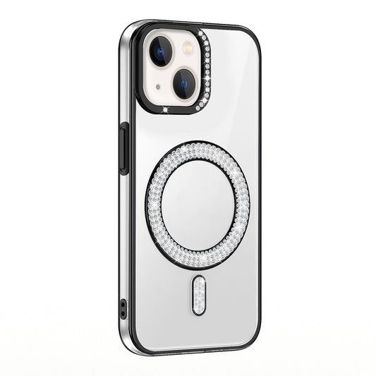 Apple iPhone 14 Kılıf Pırlanta Taş Tasarımlı M-safe Şarj Özellikli Zore Karetta Silikon Kapak Siyah