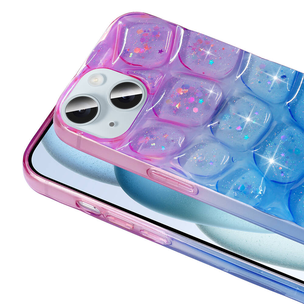 Apple iPhone 14 Kılıf Simli 3D Desenli Zore Hacar Kapak Pembe-Mavi