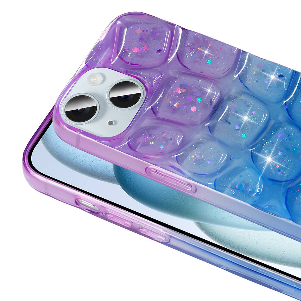 Apple iPhone 14 Kılıf Simli 3D Desenli Zore Hacar Kapak Pembe-Mavi