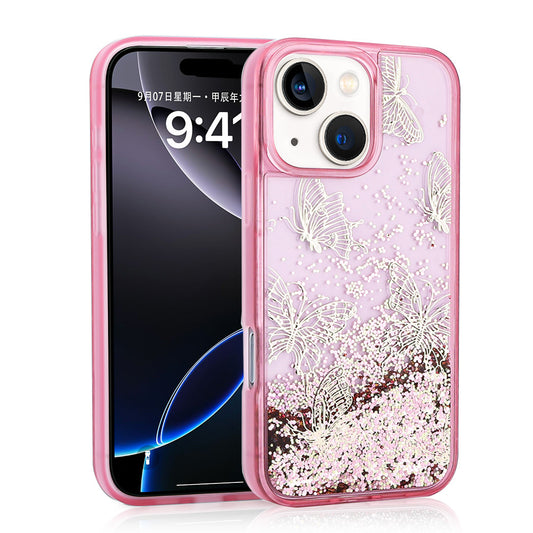 Apple iPhone 14 Kılıf Sıvılı Simli Kelebek Baskılı Şeffaf Arka Yüzey Zore Glis Silikon Kapak Pembe