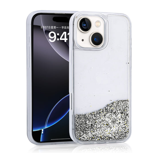 Apple iPhone 14 Kılıf Sıvılı Simli Şeffaf Arka Yüzey Zore Keto Silikon Kapak Gümüş