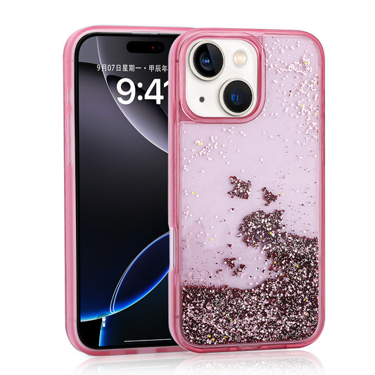Apple iPhone 14 Kılıf Sıvılı Simli Şeffaf Arka Yüzey Zore Keto Silikon Kapak Pembe