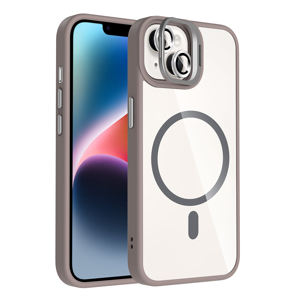 Apple iPhone 14 Kılıf Standlı ve Kamera Lens Hediyeli M-Safe Şarj Özellikli Zore Etro Kapak Derin Mor