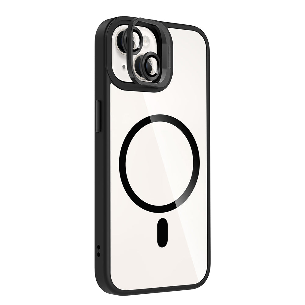 Apple iPhone 14 Kılıf Standlı ve Kamera Lens Hediyeli M-Safe Şarj Özellikli Zore Etro Kapak Gri