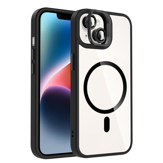 Apple iPhone 14 Kılıf Standlı ve Kamera Lens Hediyeli M-Safe Şarj Özellikli Zore Etro Kapak Siyah