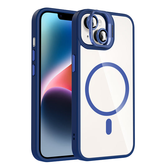 Apple iPhone 14 Kılıf Standlı ve Kamera Lens Hediyeli M-Safe Şarj Özellikli Zore Etro Kapak Lacivert