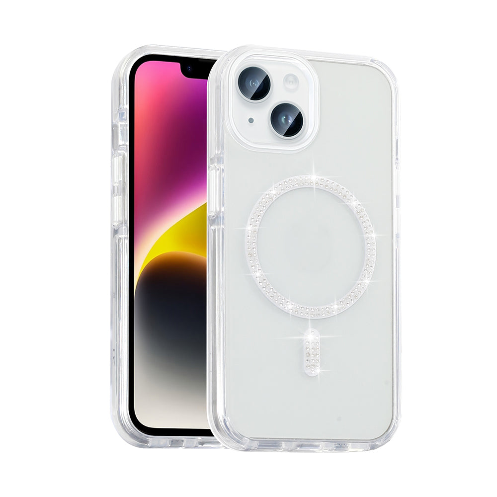 Apple iPhone 14 Kılıf Taşlı Tasarım M-safe Şarj Özellikli Zore Koment Silikon Kapak Gümüş