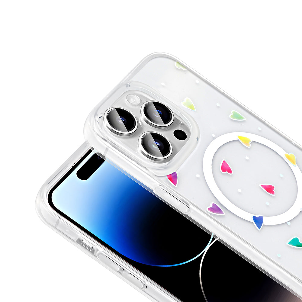 Apple iPhone 14 Pro Kılıf M-Safe Şarj Özellikli Şeffaf Zore Folk Sert Kapak Kalp