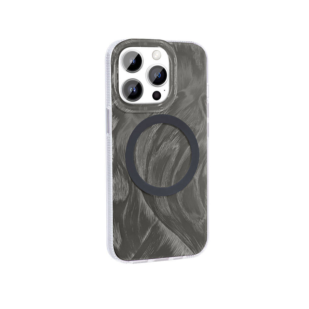 Apple iPhone 14 Pro Kılıf M-safe Şarj Özellikli Fırça Boya Desenli Zore Palet Kapak Gri