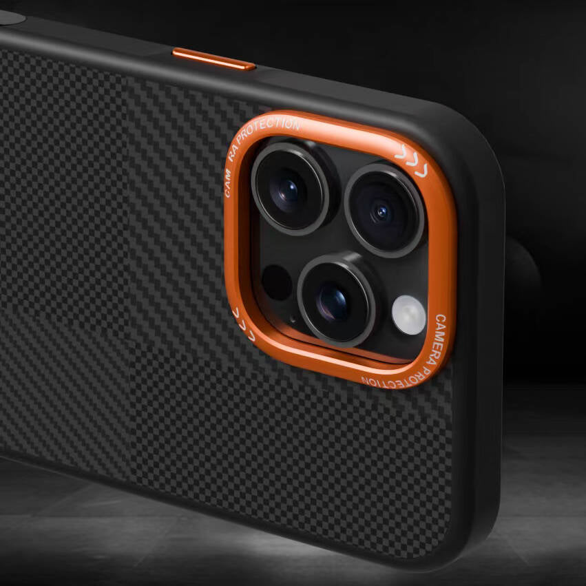 Apple iPhone 14 Pro Kılıf M-safe Şarj Özellikli Karbon Fiber Görünümlü Zore Kamp Kapak Turuncu