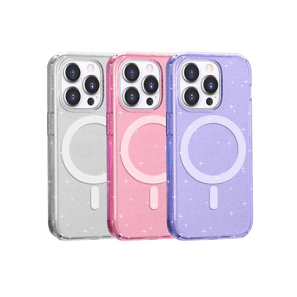 Apple iPhone 14 Pro Kılıf M-safe Şarj Özellikli Parlayan Simli Saydam Renkli Zore Allstar Kapak Pembe