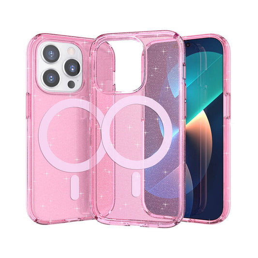Apple iPhone 14 Pro Kılıf M-safe Şarj Özellikli Parlayan Simli Saydam Renkli Zore Allstar Kapak Pembe