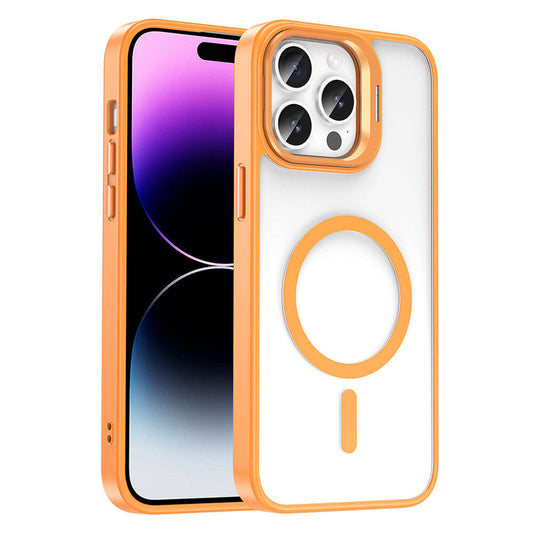 Apple iPhone 14 Pro Kılıf M-safe Şarj Özellikli Standlı Zore M-safe Klon Lensli Kapak Turuncu
