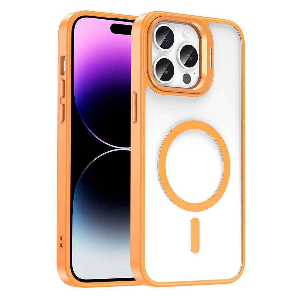 Apple iPhone 14 Pro Kılıf M-safe Şarj Özellikli Standlı Zore M-safe Klon Lensli Kapak Turuncu