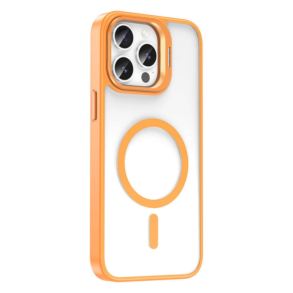 Apple iPhone 14 Pro Kılıf M-safe Şarj Özellikli Standlı Zore M-safe Klon Lensli Kapak Turuncu