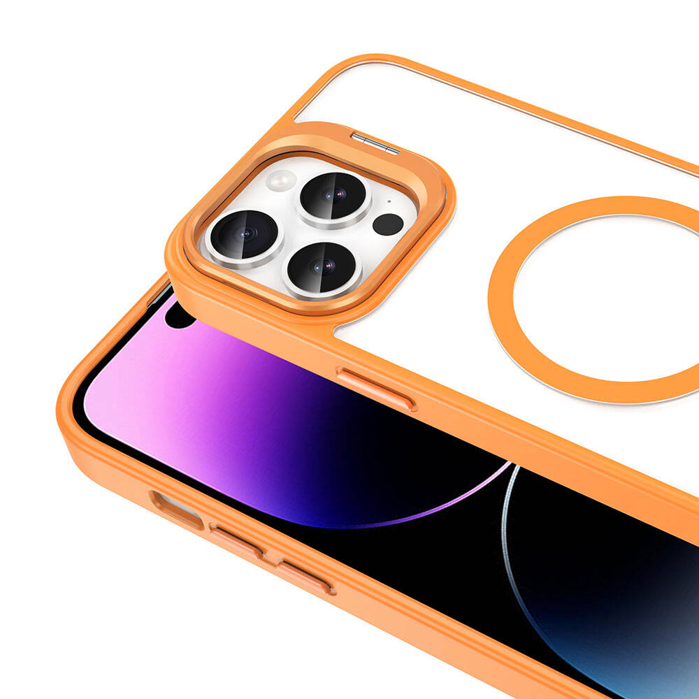 Apple iPhone 14 Pro Kılıf M-safe Şarj Özellikli Standlı Zore M-safe Klon Lensli Kapak Turuncu