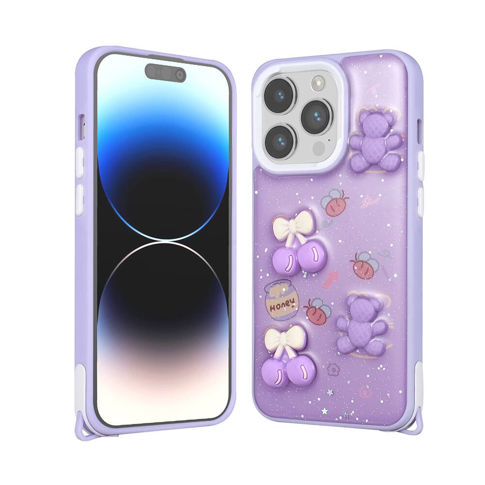 Apple iPhone 14 Pro Kılıf Parlayan Simli Kabartma Figürlü Zore Cevze Kapak Pembe