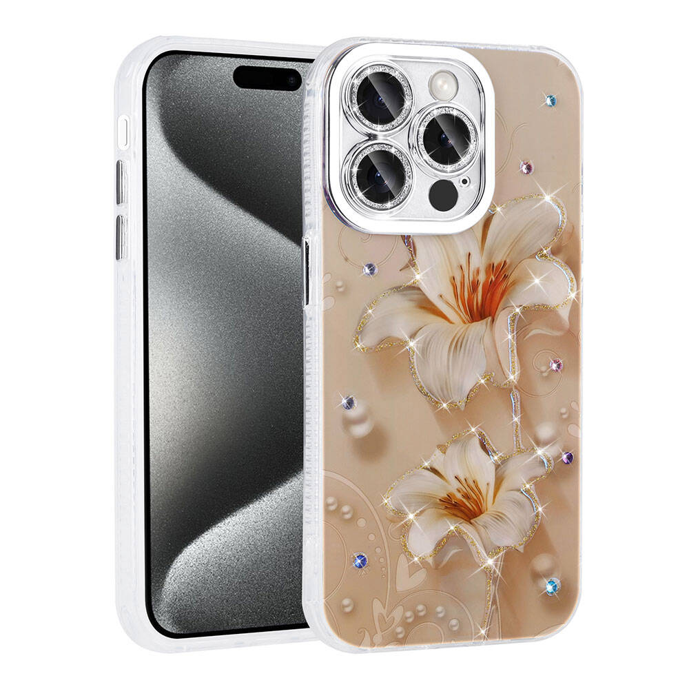 Apple iPhone 14 Pro Max Kılıf Çiçek Desenli Parlak Taşlı Sert Silikon Zore Garden Kapak Pembe Açık