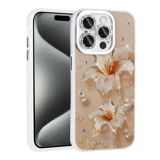 Apple iPhone 14 Pro Max Kılıf Çiçek Desenli Parlak Taşlı Sert Silikon Zore Garden Kapak Pembe Açık