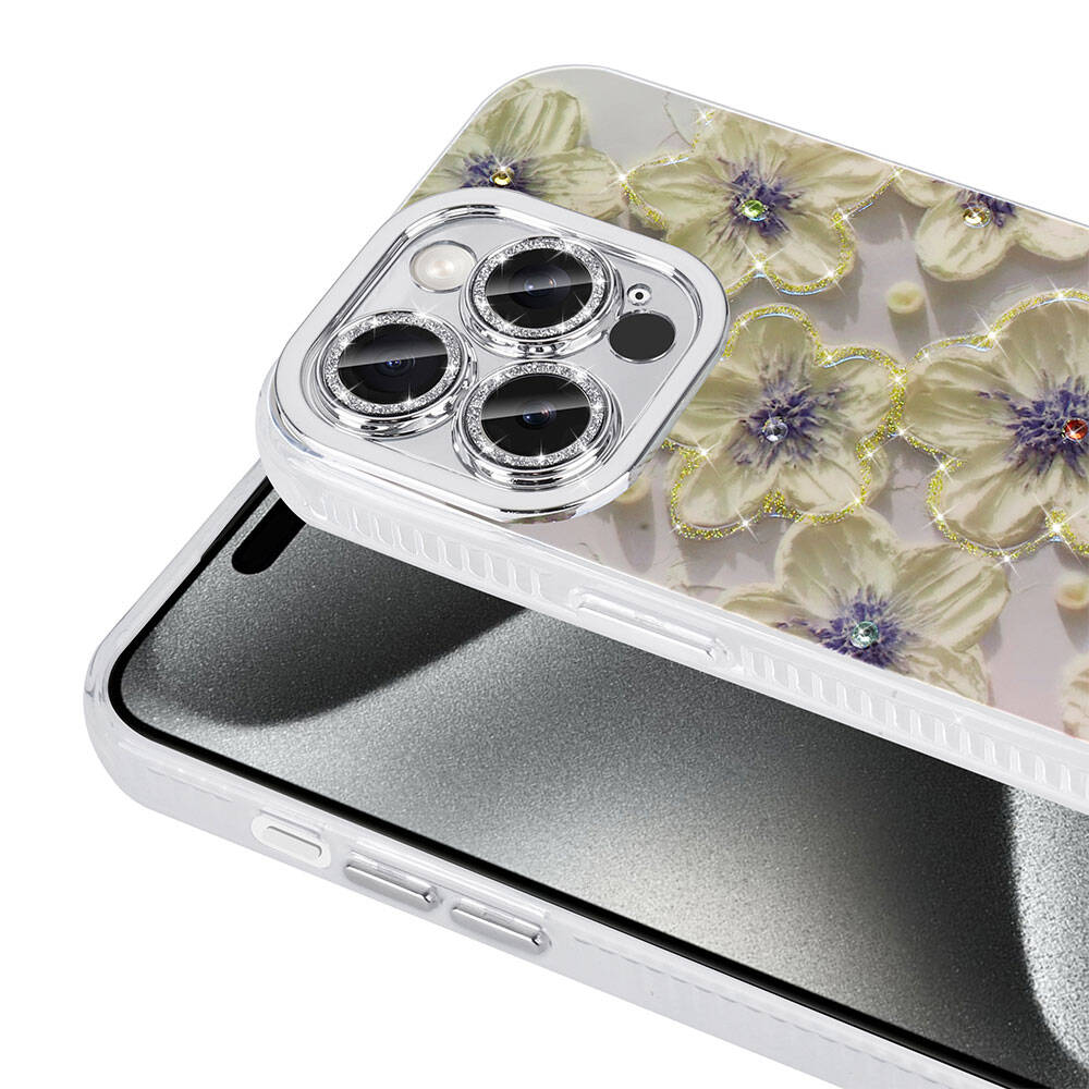 Apple iPhone 14 Pro Max Kılıf Çiçek Desenli Parlak Taşlı Sert Silikon Zore Garden Kapak Mavi