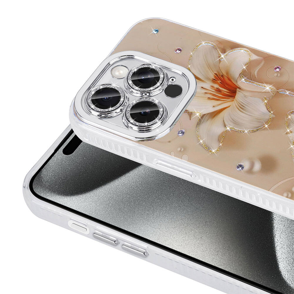Apple iPhone 14 Pro Max Kılıf Çiçek Desenli Parlak Taşlı Sert Silikon Zore Garden Kapak Mavi