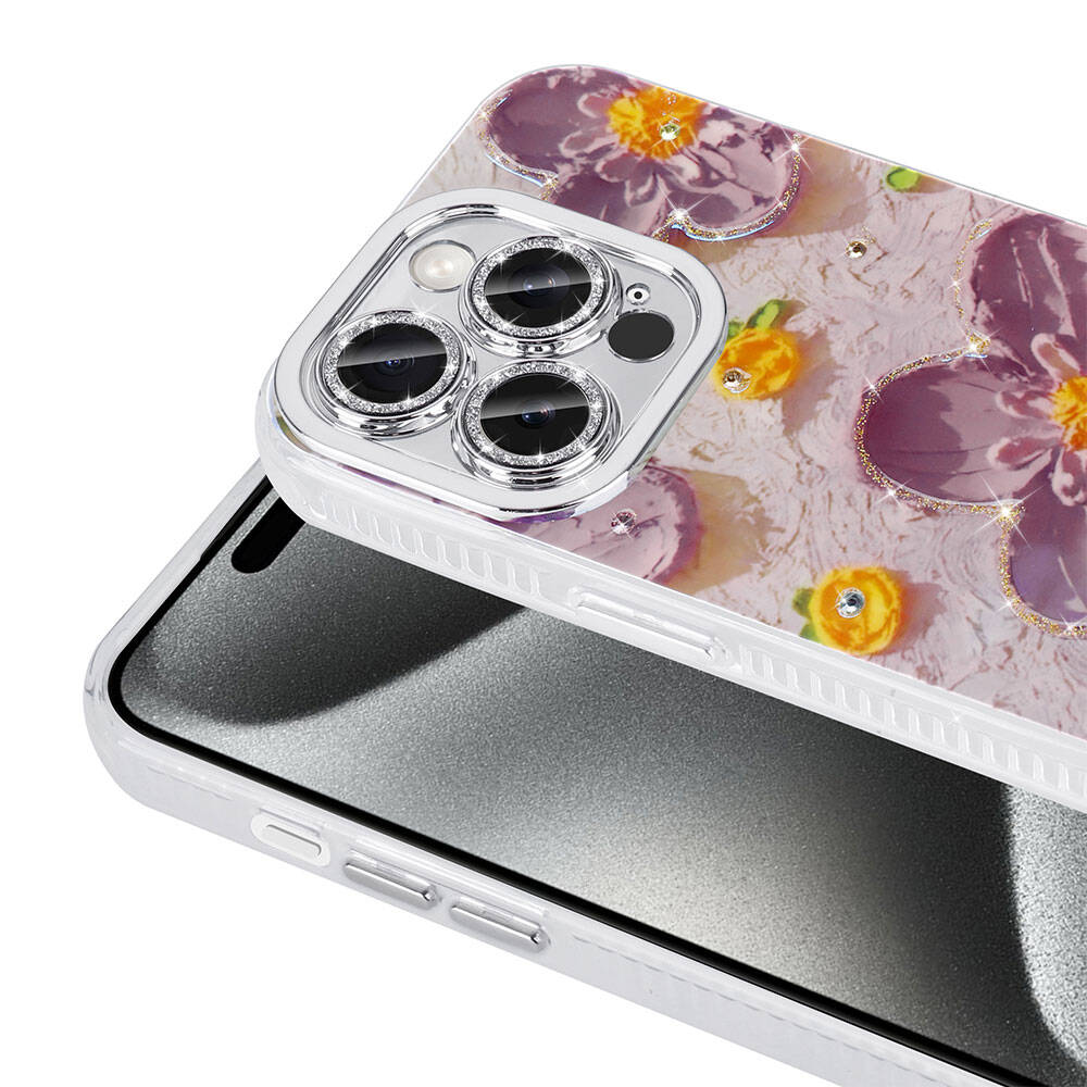 Apple iPhone 14 Pro Max Kılıf Çiçek Desenli Parlak Taşlı Sert Silikon Zore Garden Kapak Mavi