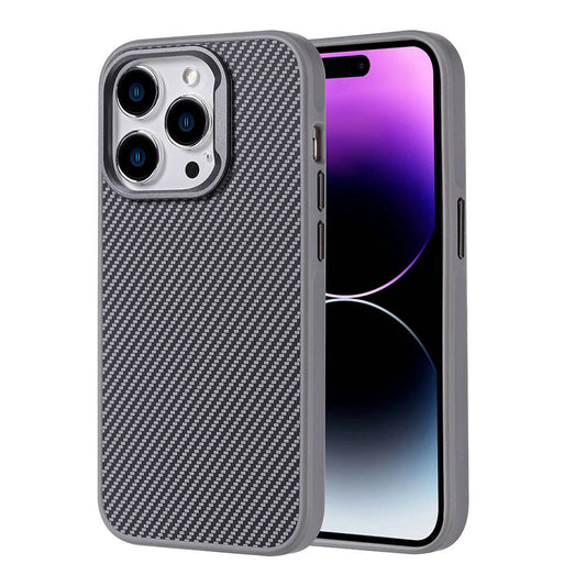 Apple iPhone 14 Pro Max Kılıf M-safe Şarj Özellikli Karbon Fiber Görünümlü Zore Troy Kapak Gümüş