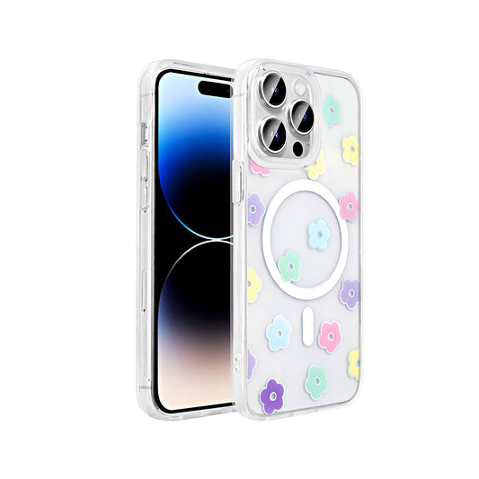 Apple iPhone 14 Pro Max Kılıf M-Safe Şarj Özellikli Şeffaf Zore Folk Sert Kapak Papatya