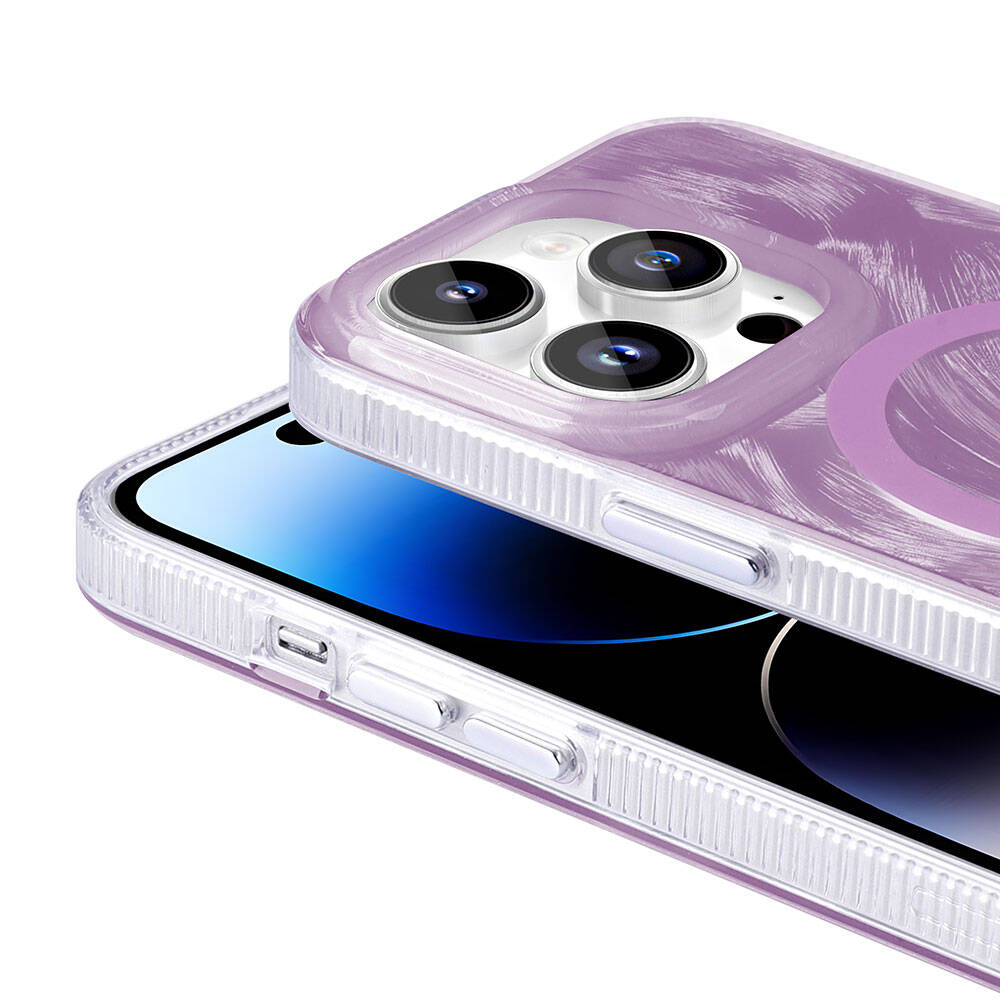 Apple iPhone 14 Pro Max Kılıf M-safe Şarj Özellikli Fırça Boya Desenli Zore Palet Kapak Mor