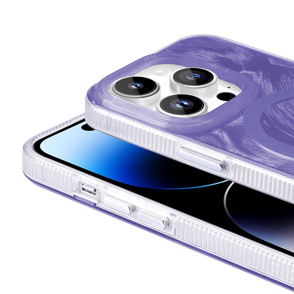 Apple iPhone 14 Pro Max Kılıf M-safe Şarj Özellikli Fırça Boya Desenli Zore Palet Kapak Mor