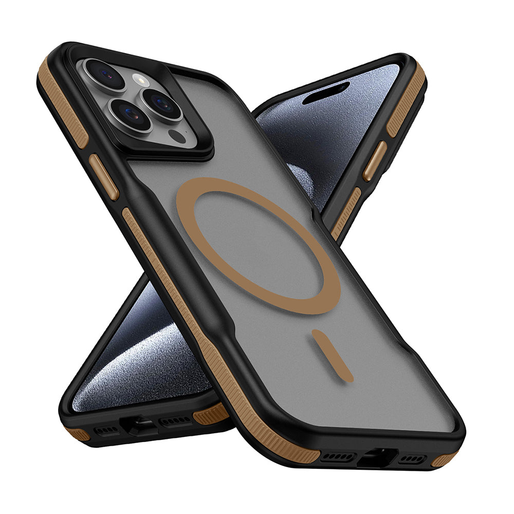 Apple iPhone 14 Pro Max Kılıf M-safe Şarj Özellikli Renkli Kenar Airbag Şeritli Zore Lamer Kapak Titanyum-Gold