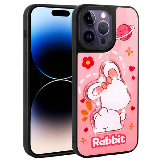 Apple iPhone 14 Pro Max Kılıf Parlayan Kabartmalı İkonik Figürlü Zore Amas Silikon Kapak Pembe