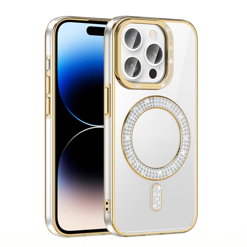 Apple iPhone 14 Pro Max Kılıf Pırlanta Taş Tasarımlı M-safe Şarj Özellikli Zore Karetta Silikon Kapak Gold