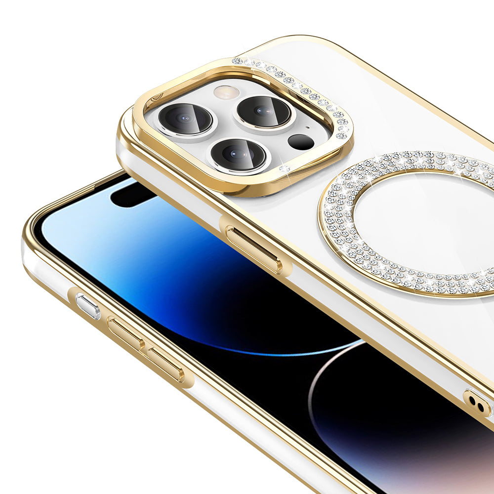 Apple iPhone 14 Pro Max Kılıf Pırlanta Taş Tasarımlı M-safe Şarj Özellikli Zore Karetta Silikon Kapak Gümüş