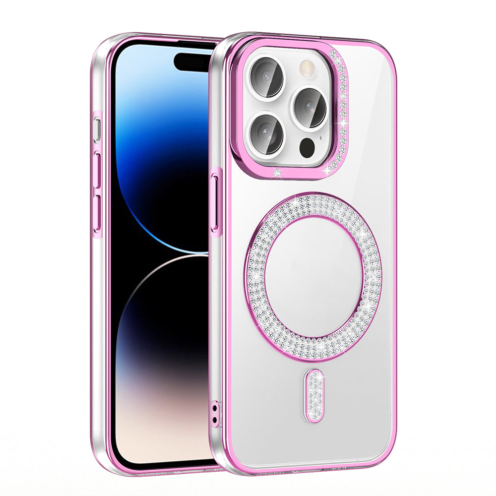 Apple iPhone 14 Pro Max Kılıf Pırlanta Taş Tasarımlı M-safe Şarj Özellikli Zore Karetta Silikon Kapak Mor