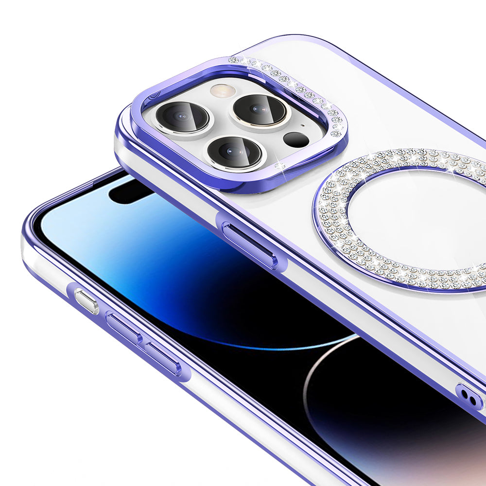 Apple iPhone 14 Pro Max Kılıf Pırlanta Taş Tasarımlı M-safe Şarj Özellikli Zore Karetta Silikon Kapak Siyah