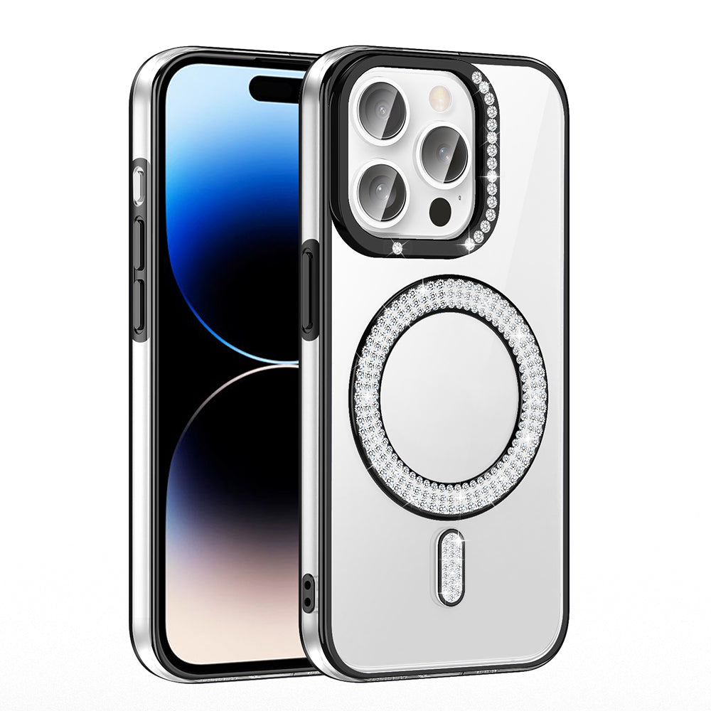 Apple iPhone 14 Pro Max Kılıf Pırlanta Taş Tasarımlı M-safe Şarj Özellikli Zore Karetta Silikon Kapak Gold