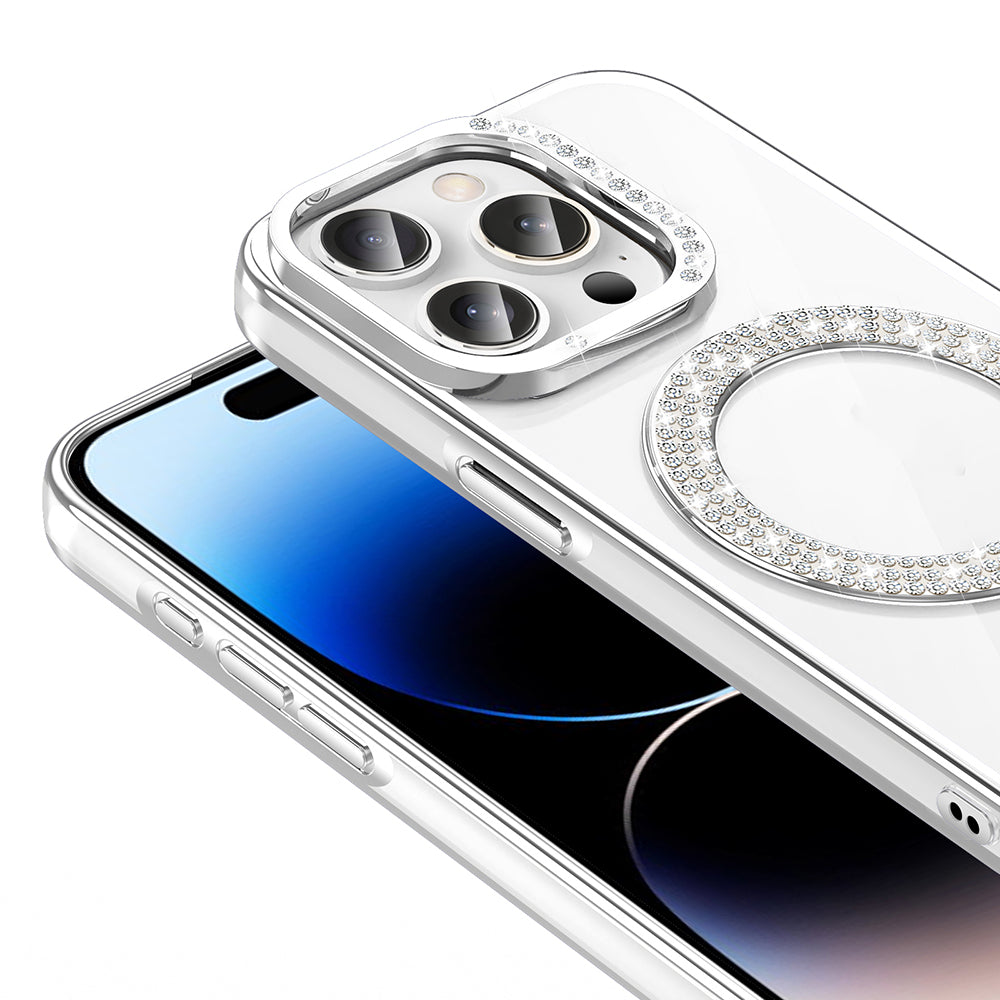 Apple iPhone 14 Pro Max Kılıf Pırlanta Taş Tasarımlı M-safe Şarj Özellikli Zore Karetta Silikon Kapak Mor
