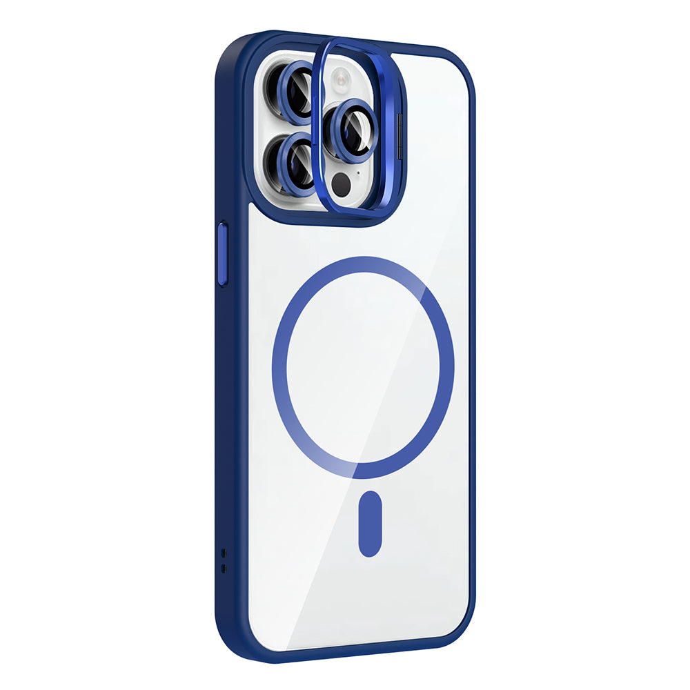 Apple iPhone 14 Pro Max Kılıf Standlı ve Kamera Lens Hediyeli M-Safe Şarj Özellikli Zore Etro Kapak Lacivert