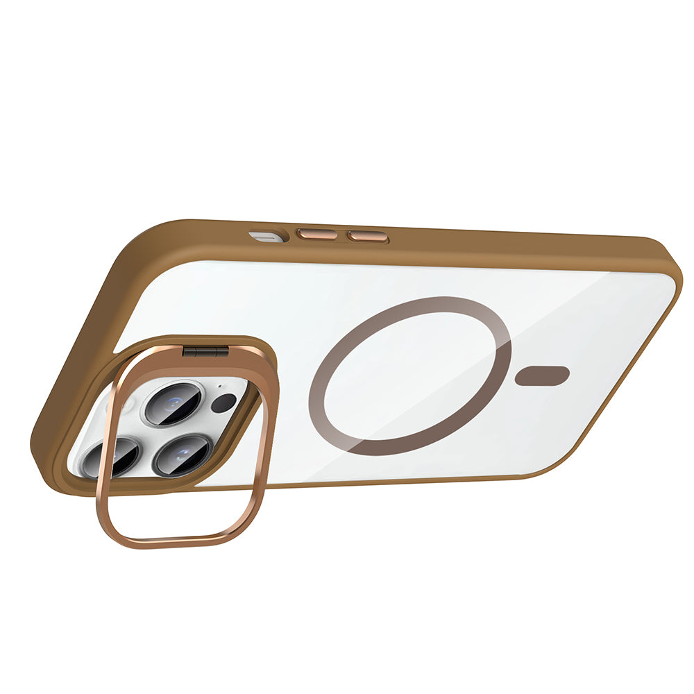 Apple iPhone 14 Pro Max Kılıf Standlı ve Kamera Lens Hediyeli M-Safe Şarj Özellikli Zore Etro Kapak Gri