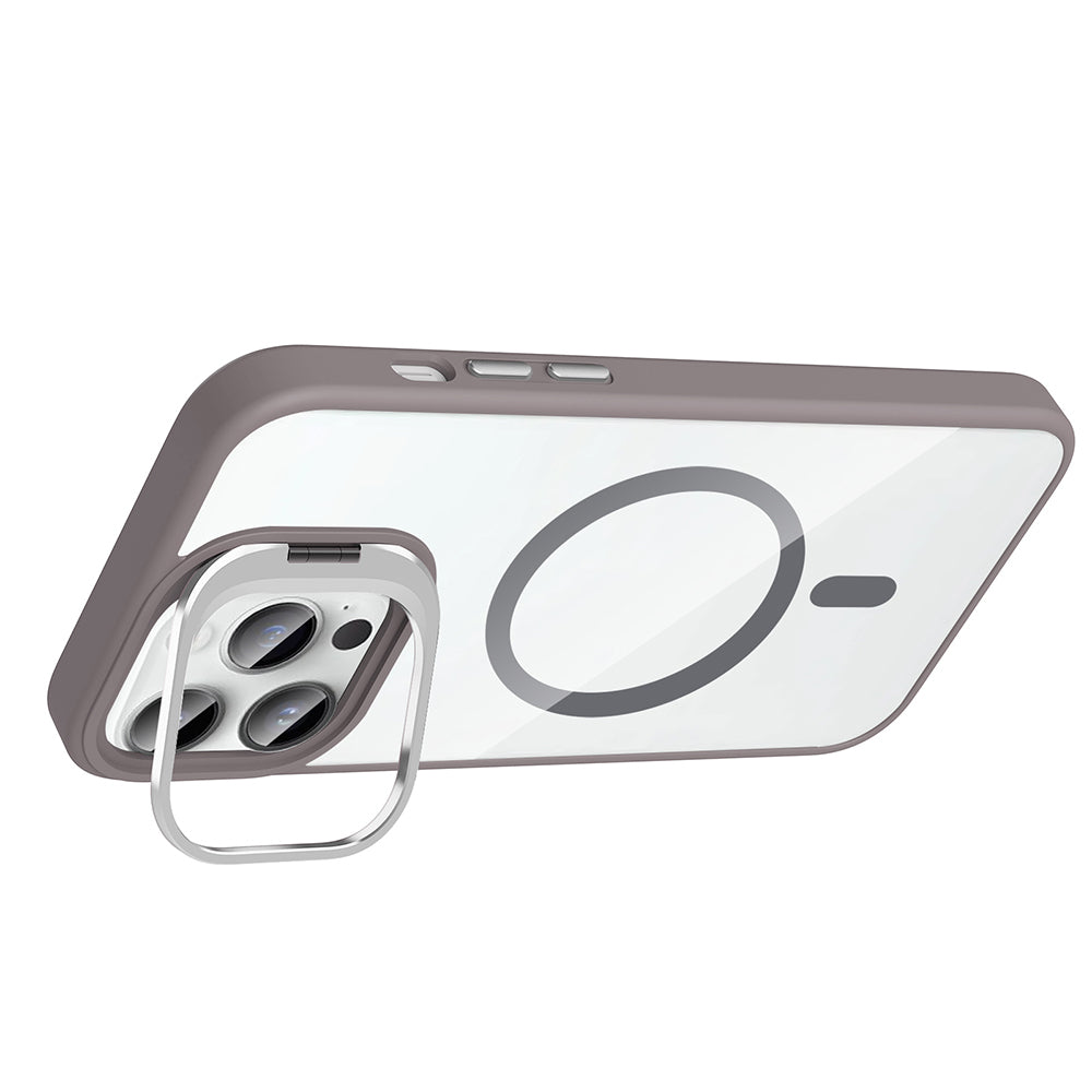 Apple iPhone 14 Pro Max Kılıf Standlı ve Kamera Lens Hediyeli M-Safe Şarj Özellikli Zore Etro Kapak Derin Mor