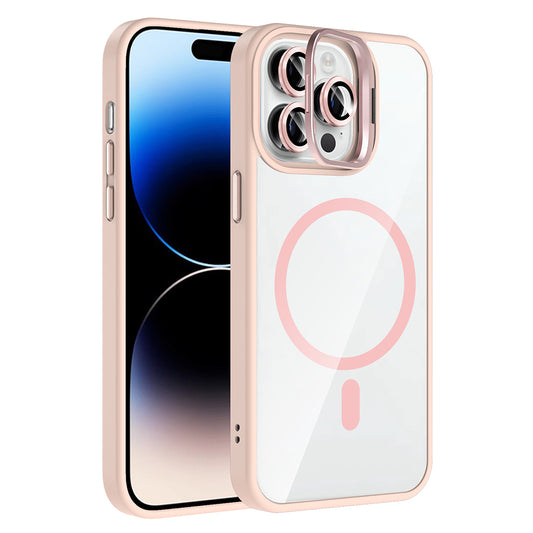 Apple iPhone 14 Pro Max Kılıf Standlı ve Kamera Lens Hediyeli M-Safe Şarj Özellikli Zore Etro Kapak Pembe