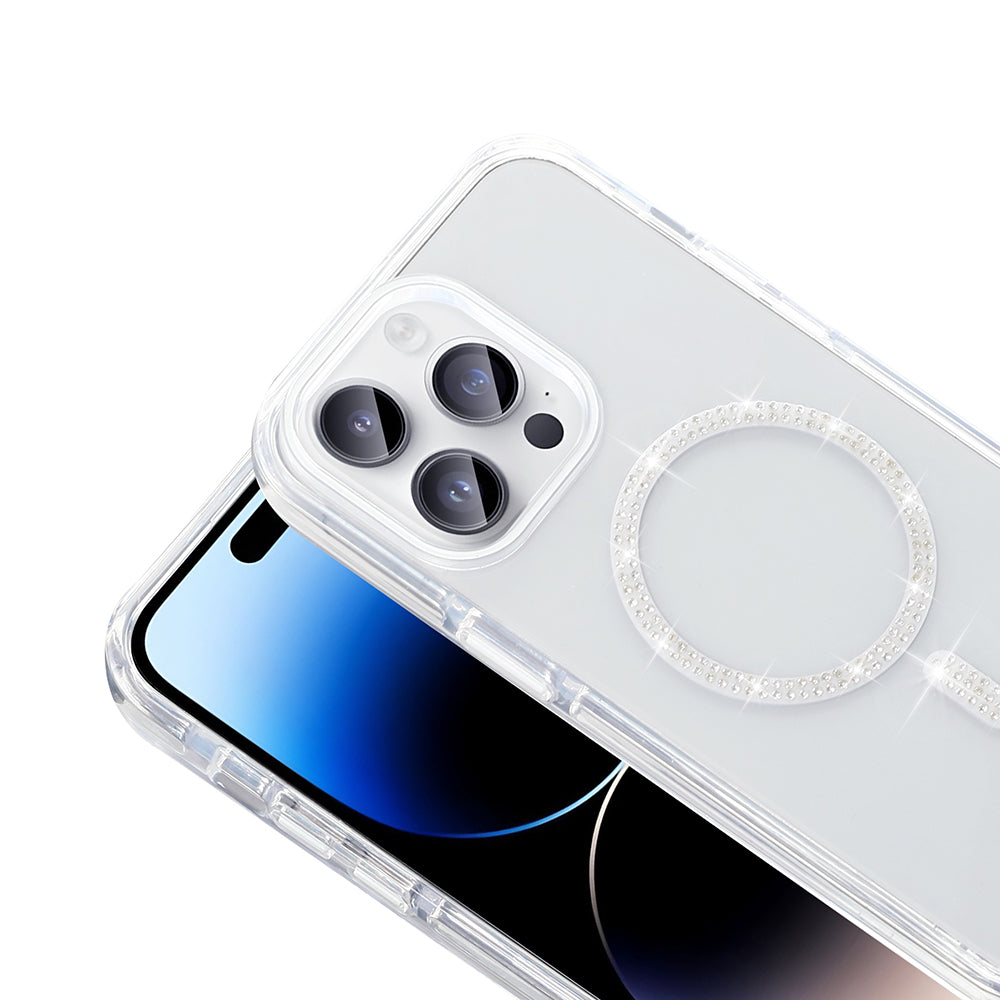 Apple iPhone 14 Pro Max Kılıf Taşlı Tasarım M-safe Şarj Özellikli Zore Koment Silikon Kapak Gold