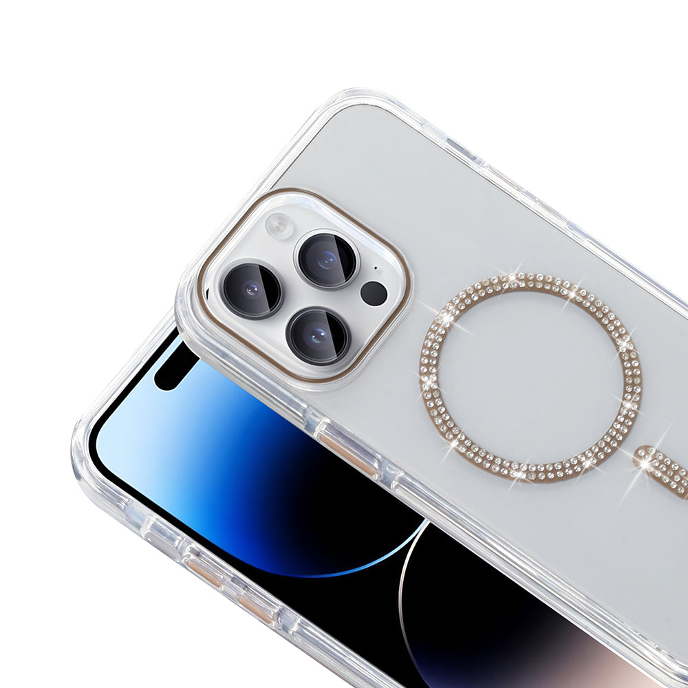 Apple iPhone 14 Pro Max Kılıf Taşlı Tasarım M-safe Şarj Özellikli Zore Koment Silikon Kapak Gold