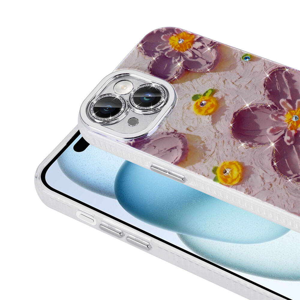 Apple iPhone 15 Kılıf Çiçek Desenli Parlak Taşlı Sert Silikon Zore Garden Kapak Beyaz