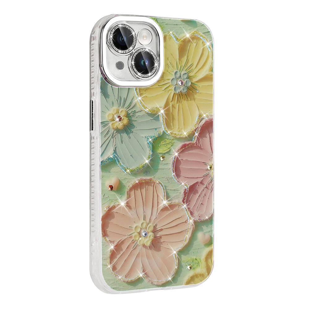Apple iPhone 15 Kılıf Çiçek Desenli Parlak Taşlı Sert Silikon Zore Garden Kapak Colorful