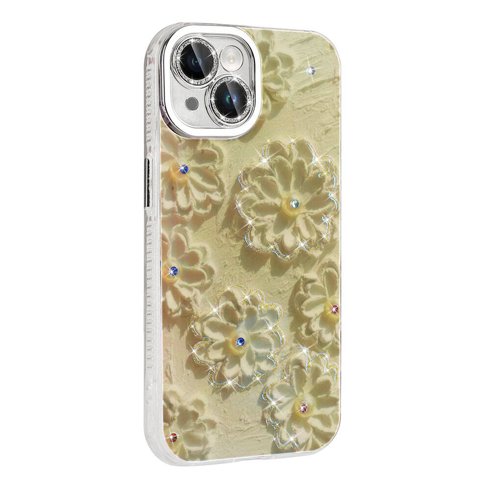 Apple iPhone 15 Kılıf Çiçek Desenli Parlak Taşlı Sert Silikon Zore Garden Kapak Colorful