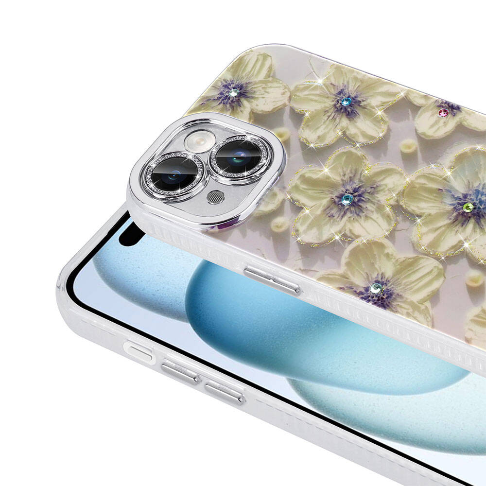 Apple iPhone 15 Kılıf Çiçek Desenli Parlak Taşlı Sert Silikon Zore Garden Kapak Beyaz